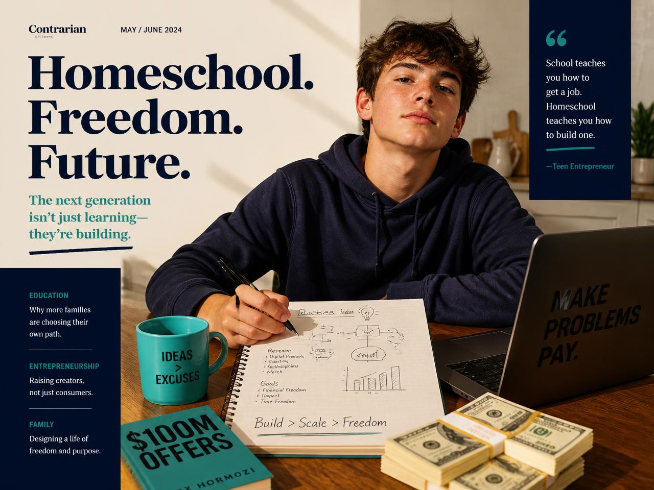 Homeschool teen sketching a business plan at a kitchen table